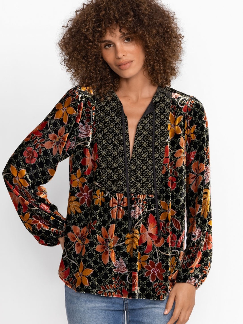 Johnny Was JASMOON FLORE VELVET CURVED HEM BLOUSE XL